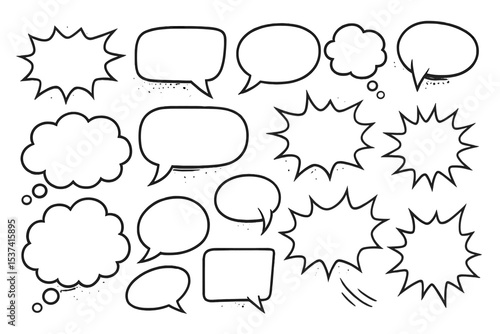 A set of vacant comic speech bubbles featuring halftone shadows, presented as hand-drawn retro cartoon stickers in a pop art style, created as a vector illustration