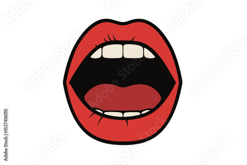 A woman's mouth is open in a scream, comprised of retro halftone collage elements suitable for mixed media design, with lips featuring a halftone texture in a dotted pop art style, as part of a