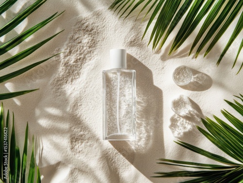 Clear bottle on beige sand, palm fronds