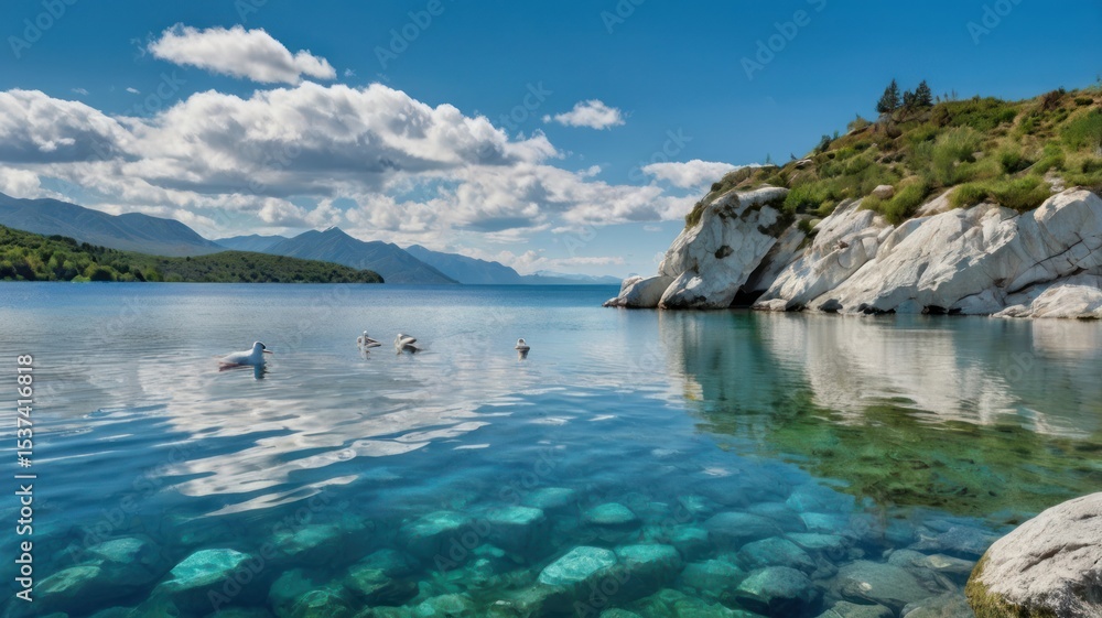 Fototapeta premium Tranquil lake scene with birds
