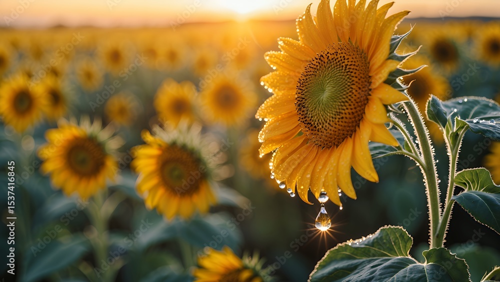 Naklejka premium Blooming Sunflower Field at Sunset with Water Droplets Sparkling