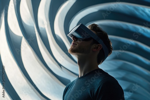 A man immersed in virtual reality with VR headset in a modern architectural space, looking upwards.