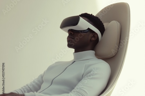 An African man relaxes in a futuristic chair wearing a virtual reality headset in a minimalist, monochromatic environment.