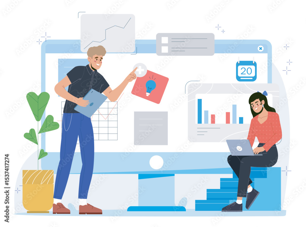 Man and woman collaborating on project tasks, analyzing graphs and charts on a large monitor, flat style, white background. Concept of teamwork and productivity. Vector illustration Man and woman collaborating on project tasks, analyzing graphs and charts on a large monitor, flat style, white background. Concept of teamwork and productivity. Vector illustration