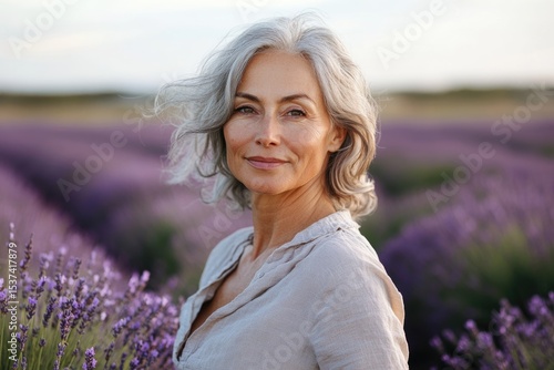 Elegant mature woman with silver hair stands in a field of lavender, smiling softly at the camera.