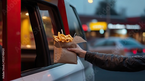 Drive-through scene with food being handed to a driver. AI generated image