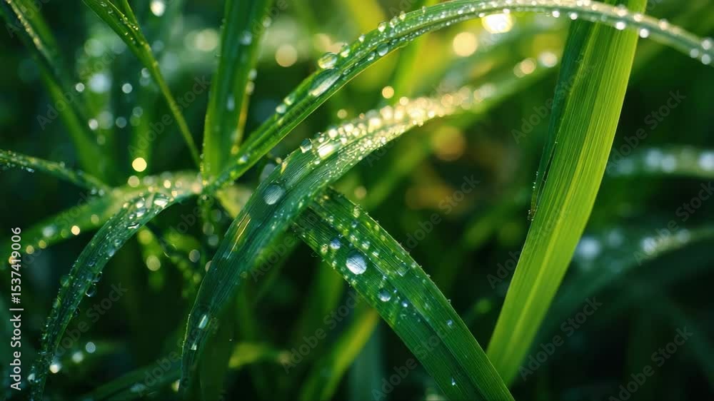 Water drops on the green grass. Morning dew, watering plants. Drops of moisture on leaves after rain. Beautiful green background on an ecological theme. Water drops on the green grass. Morning dew, watering plants. Drops of moisture on leaves after rain. Beautiful green background on an ecological theme.