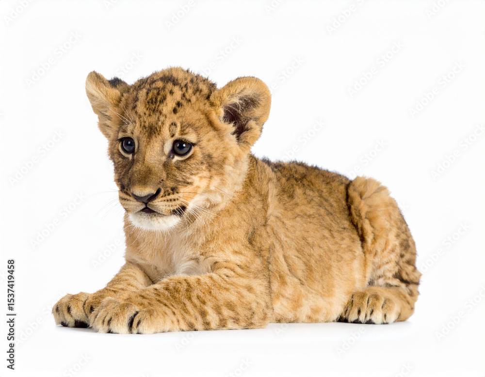Fototapeta premium Baby Lion. Lion Cub. Feline. Wildlife Animals. Zoo Animals. Isolated White Background.