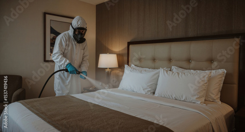 Professional pest control worker spraying disinfectant on hotel bed for bed bug extermination
