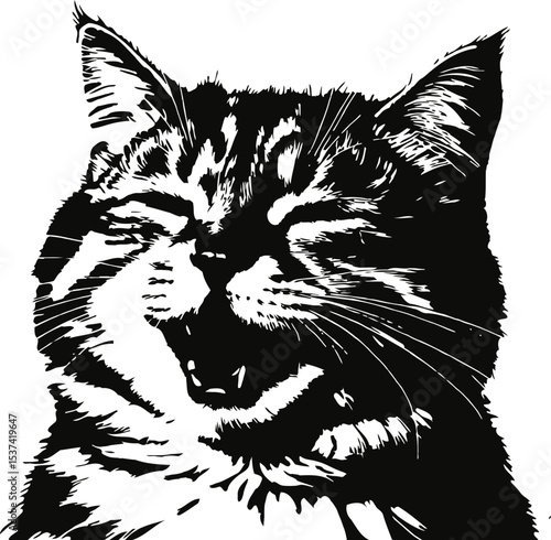 Vector Black and White Tabby Cat Face, Grinning Feline Portrait Illustration.