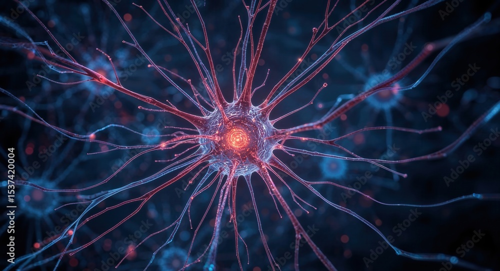 Obraz premium Close-up of a glowing neuron with interconnected neural network on a dark background