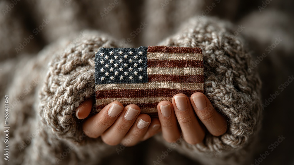Fototapeta premium Hands hold small fabric patch with American flag design, cozy atmosphere and textured sweater in background