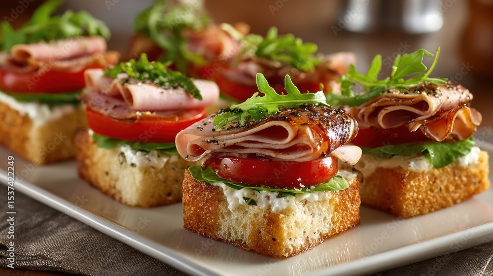 A plate of sandwiches with ham and cheese, tomatoes, and greens. The sandwiches are small and look appetizing A plate of sandwiches with ham and cheese, tomatoes, and greens. The sandwiches are small and look appetizing