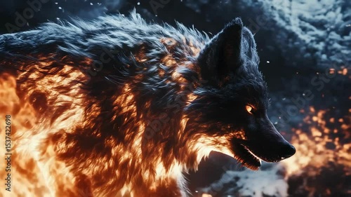 This captivating animation features a fierce wolf engulfed in flames, showcasing its strength and intensity. The fiery elements highlight the creature's powerful stance and majestic presence