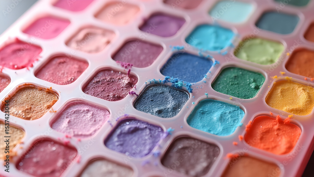 Naklejka premium colorful eyeshadow palette, assortment of vibrant eye makeup shades, vibrant color palette, rainbow-hued cosmetic eyeshadow collection, vibrant makeup palette, eyeshadow palette with various bold, sat