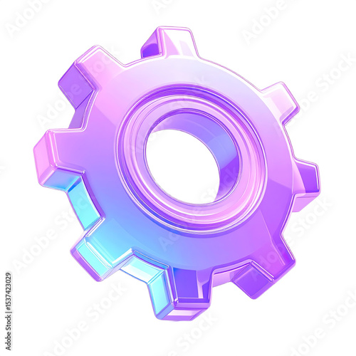 3D icon of a gear or settings wheel made of crystal-clear glass with blue-violet accent Isolated on transparent background