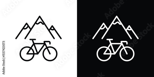 Biking mountain icon set in line.