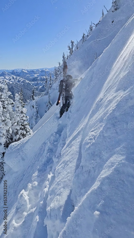A person skiing down a steep snow covered mountain slope on a bright sunny day with trees around it A person skiing down a steep snow covered mountain slope on a bright sunny day with trees around it