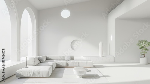 A contemporary minimalist living space adorned with a pristine white canvas setting, Featuring carefully curated furnishings for a clean and modern aesthetic