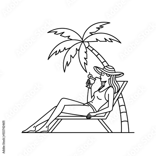 Woman feeling relaxed, sunbathing under palm tree with cocktail at the beach