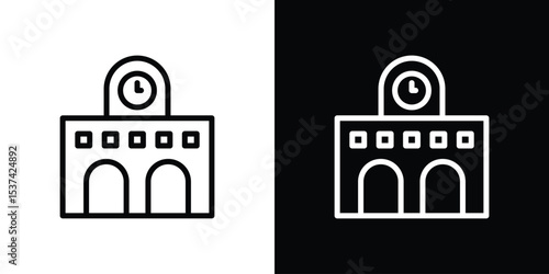 Train station building icon set in line.