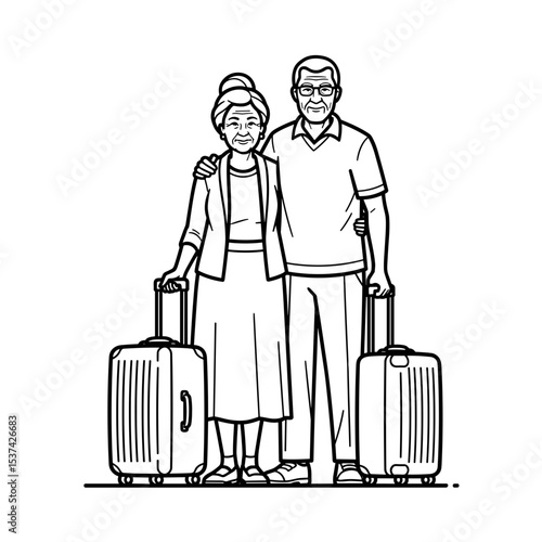 Elderly couple, happy, traveling together with luggage in a minimalistic style, black and white, travel concepts