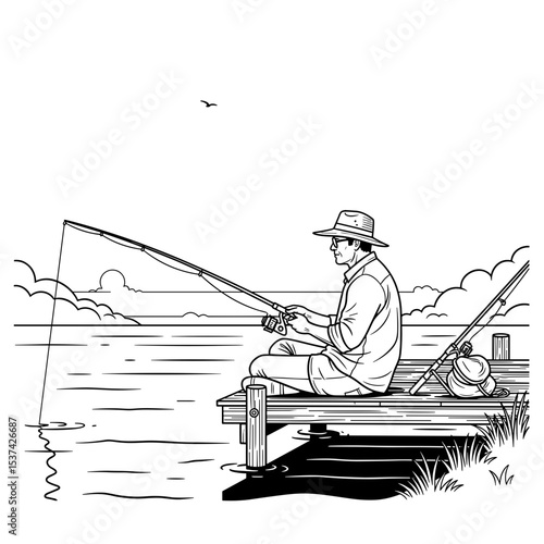 Man feeling relaxed, fishing quietly from dock at sunset