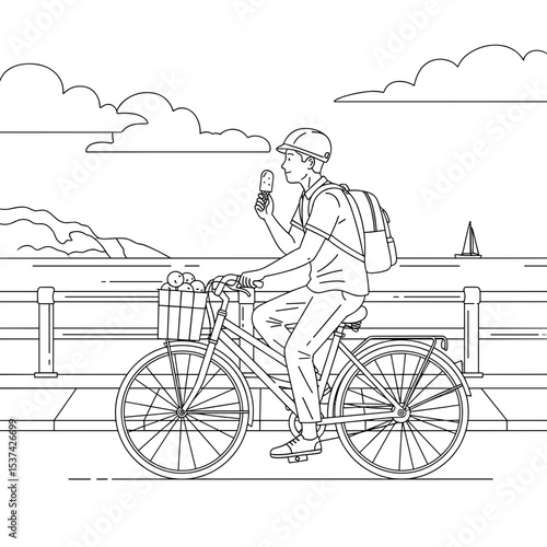 Man feeling relaxed, riding bicycle and enjoying ice cream by the promenade
