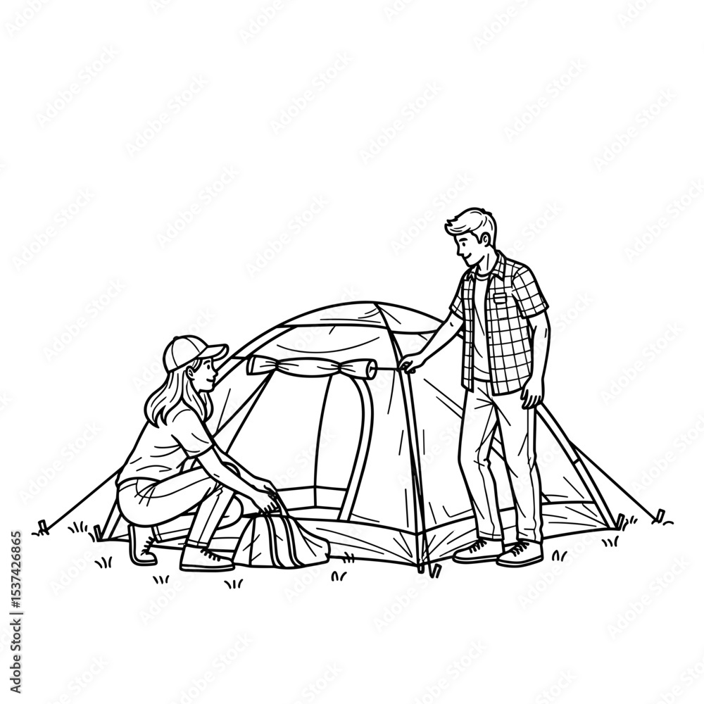 Fototapeta premium Young couple feeling excited, setting up tent outdoors while camping