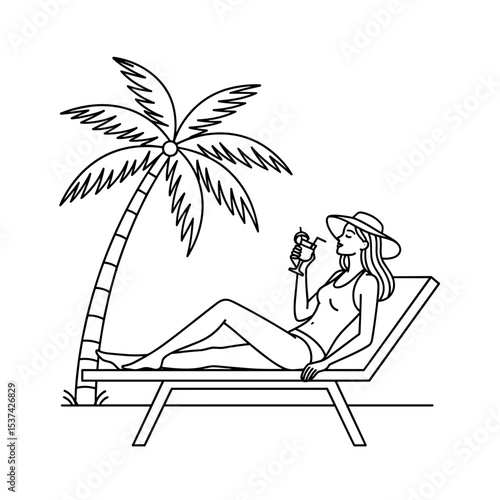 Woman feeling relaxed, sunbathing by palm tree with cocktail on beach