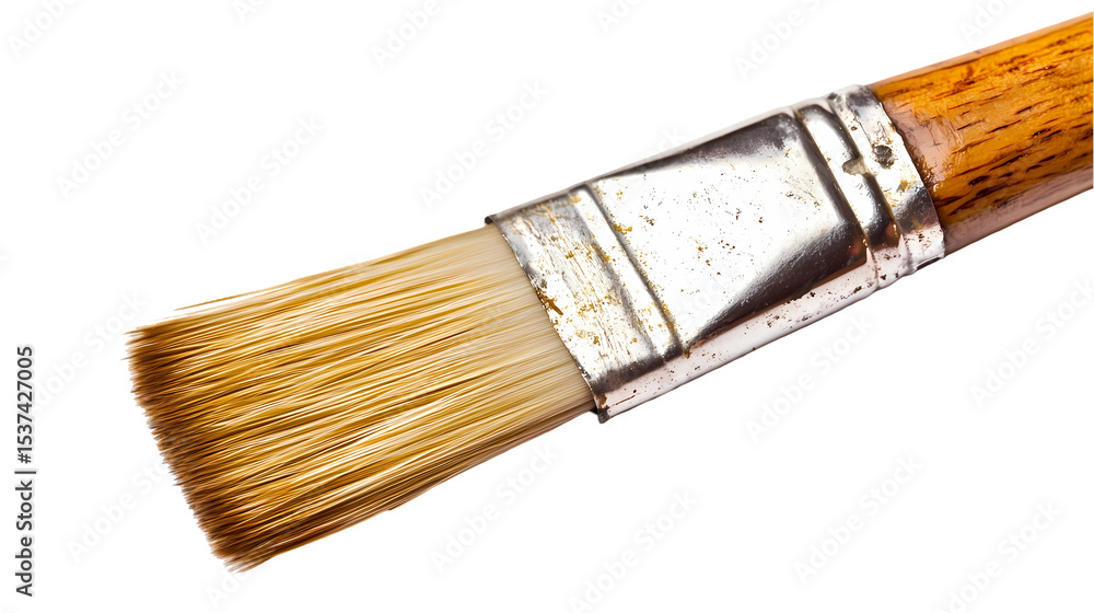 Closeup of a WellUsed Paintbrush with Wooden Handle and Metal Ferrule isolated on transparent background Closeup of a WellUsed Paintbrush with Wooden Handle and Metal Ferrule isolated on transparent background