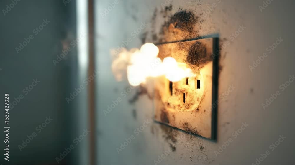 Fire smoke and electrical hazards featuring exposed wires, plug sockets ...