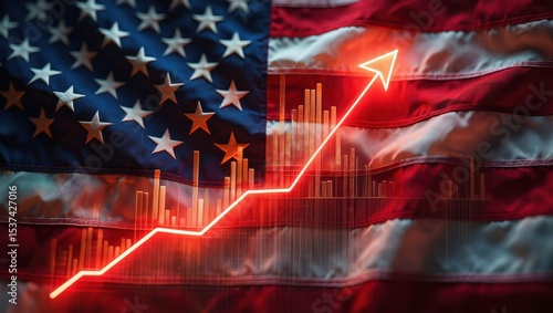 Rising red arrow over weathered U.S. flag texture with embedded graphs. Conceptual image of American market growth and economic resilience
