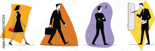 minimalist vector illustration of diverse modern people in daily activities, flat hand-drawn characters walking, listening to music, and painting with colorful abstract backgrounds