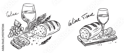 Wine glass, bread, grape and rosemary on wooden board in black brush stroke texture isolated on white. Hand drawn vector sketch illustration in vintage charcoal ink. Menu design, cafe, print, lunch