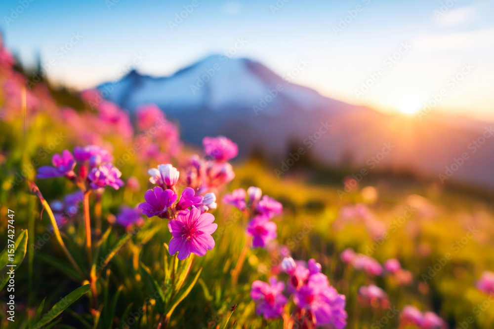 Obraz premium Mountain Sunset Wildflower Meadow Vibrant Pink Blooms at Golden Hour