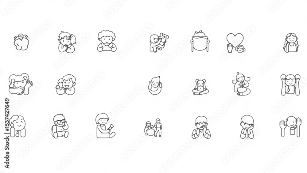 Collection of diverse line art icons featuring children in various poses and activities on white background created with generated ai Collection of diverse line art icons featuring children in various poses and activities on white background created with generated ai