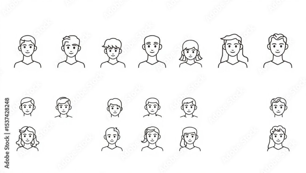 Collection of diverse line art portraits showcasing various hairstyles and facial features of men and women created with generated ai Collection of diverse line art portraits showcasing various hairstyles and facial features of men and women created with generated ai
