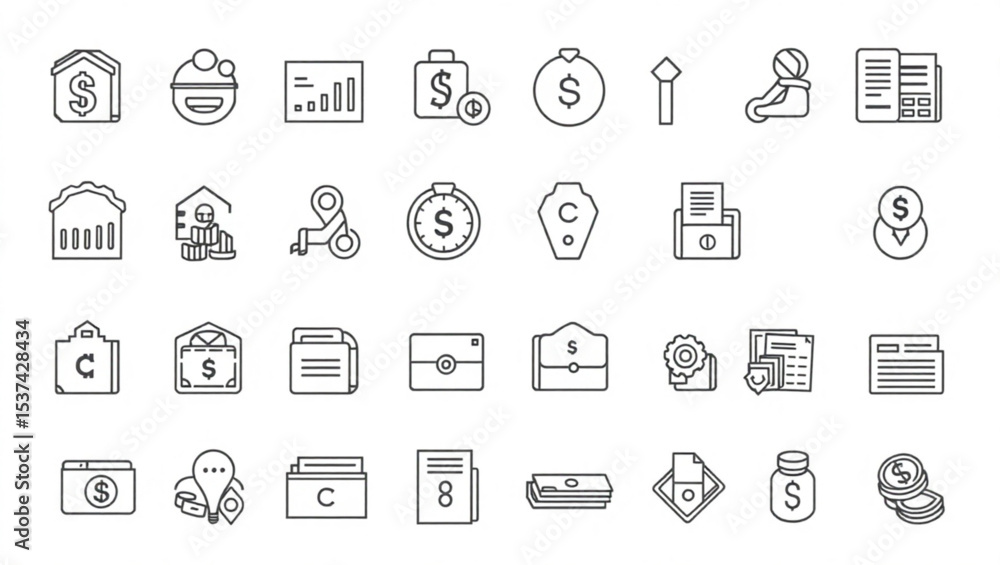 Outline icons representing business finance and accounting elements in a monochrome style set against white created with generated ai Outline icons representing business finance and accounting elements in a monochrome style set against white created with generated ai