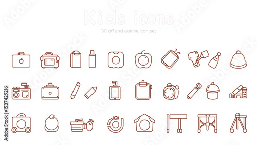 Outline icon set featuring kids themed objects such as toys, food, and school related items in a row created with generated ai