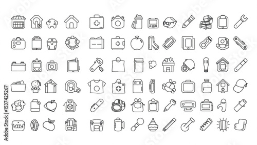 Collection of various outline icons including home, food, tools, and personal care items in a grid created with generated ai