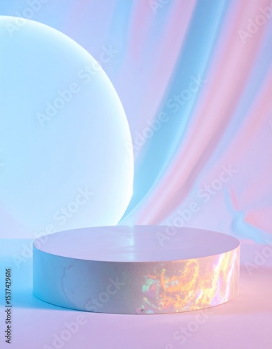 White Cylindrical Product Display with Pastel Lighting