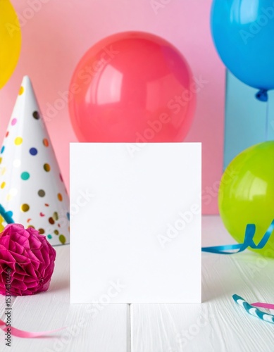 Blank Card Mockup with Colorful Balloons and Party Hats