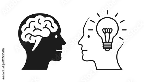 Stylized illustration of a brain and a lightbulb representing ideas with human silhouettes on a white background with copy space
