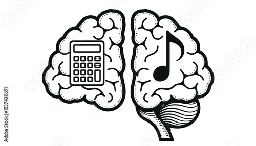 Illustration of a brain divided into two halves featuring a calculator and a musical note, symbolizing logical and creative thinking on a white background with copy space
