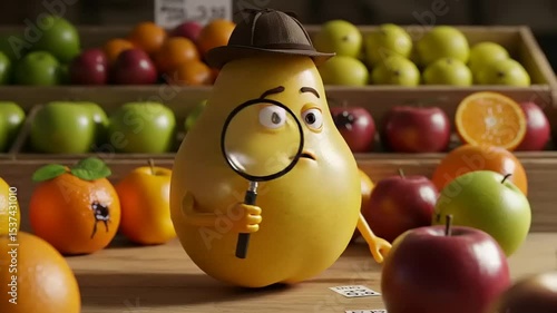 Animated pear detective investigates in a fruit market, amidst apples, oranges and more fruits