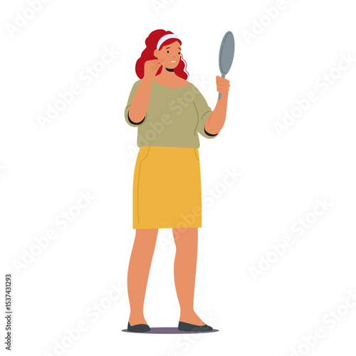 Woman in menopause looking at mirror and seeing thin dry skin consequences due to hormonal changes