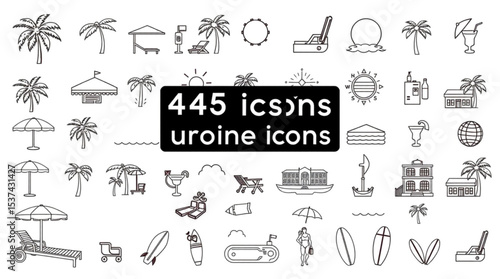 Collection of outline summer and beach themed icons featuring palm trees, chairs and beach related objects created with generated ai