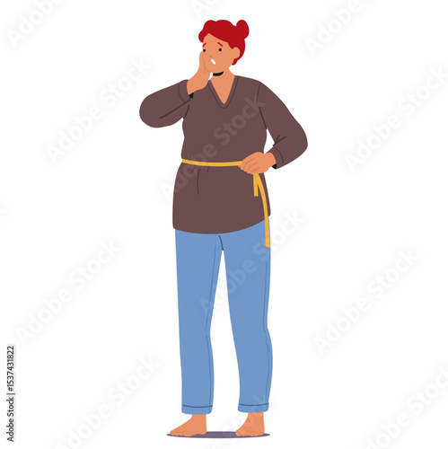Worried shocked woman cartoon character suffering from weight gain measuring waist with tape