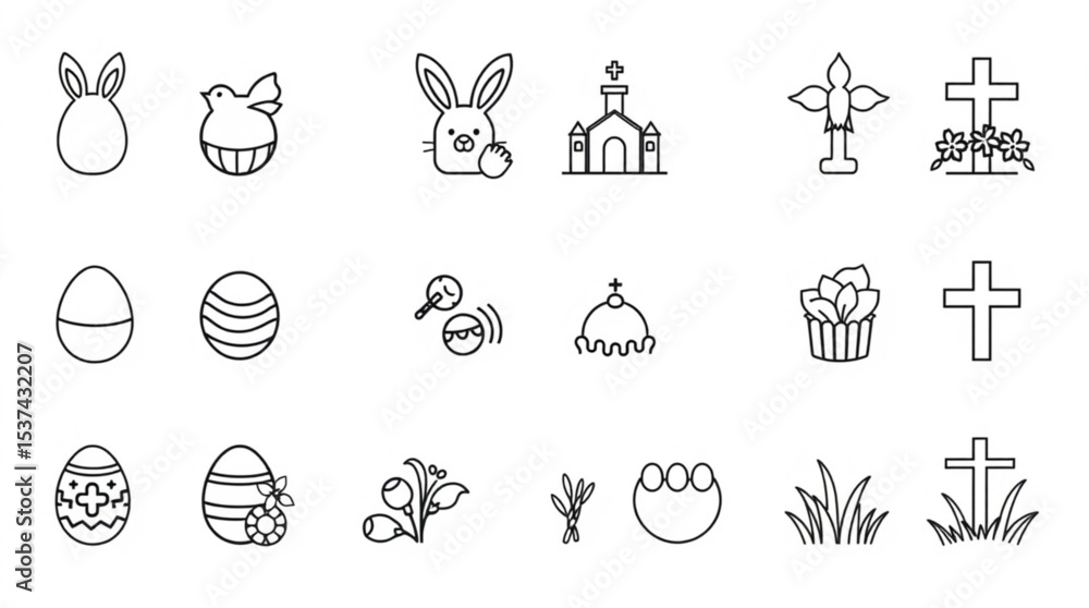 Collection of easter themed line art icons including eggs, bunnies, crosses, church and floral elements created with generated ai Collection of easter themed line art icons including eggs, bunnies, crosses, church and floral elements created with generated ai